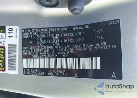 2020 Toyota Sienna Le z USA, uszkodzony, nr VIN 5TDKZ3DC1LS080737